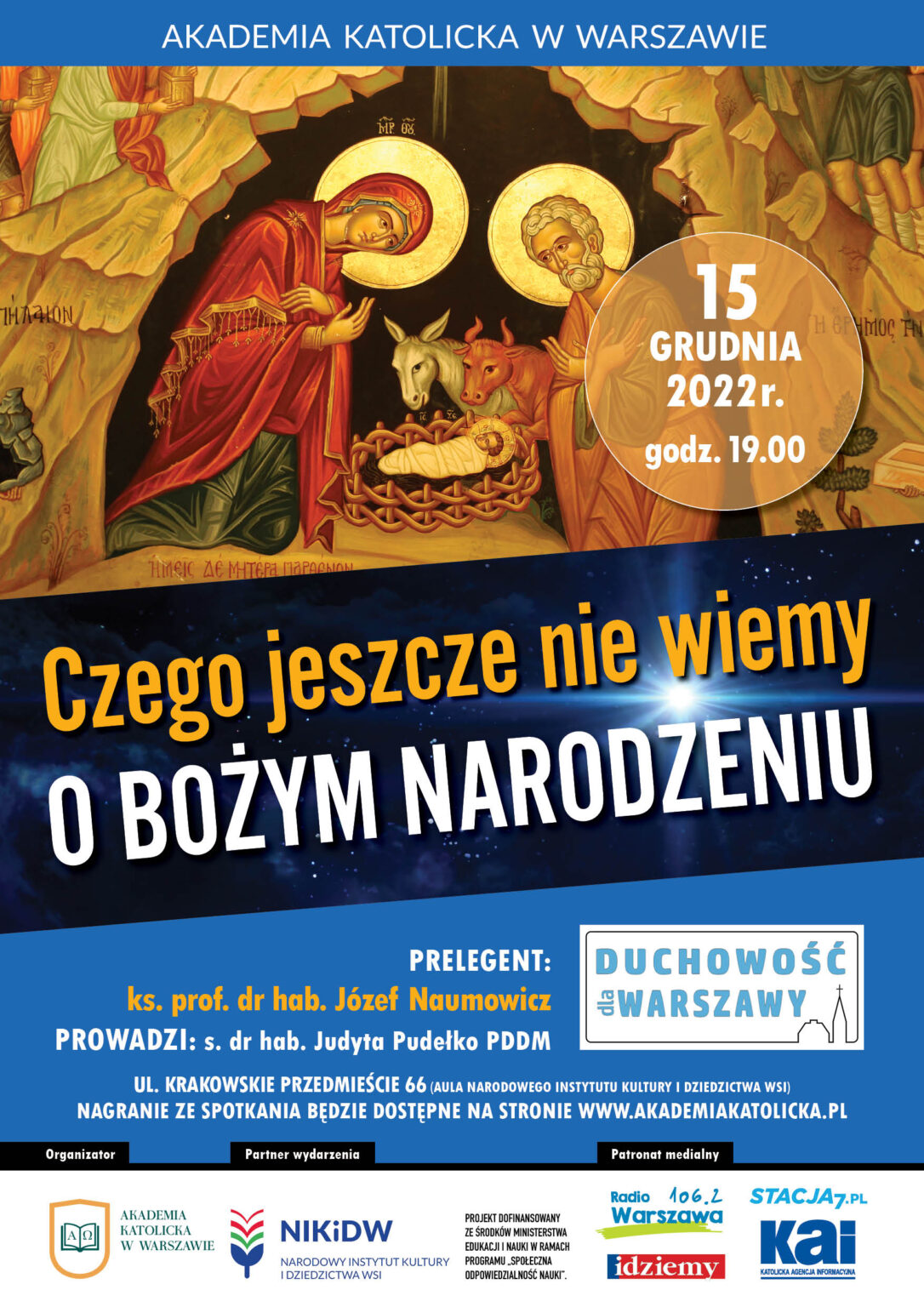 „Czego jeszcze nie wiemy o Bożym Narodzeniu?” Duchowość dla Warszawy – wykład otwarty 15 grudnia